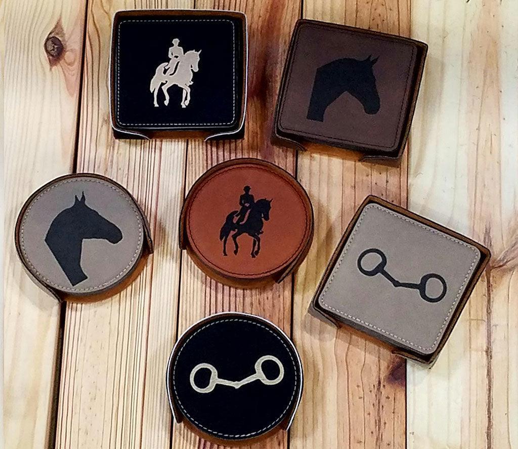 Leather Drink Coaster Set with Engraved Art - Wilsun Custom Horse Blankets & Fine Horse Accessories